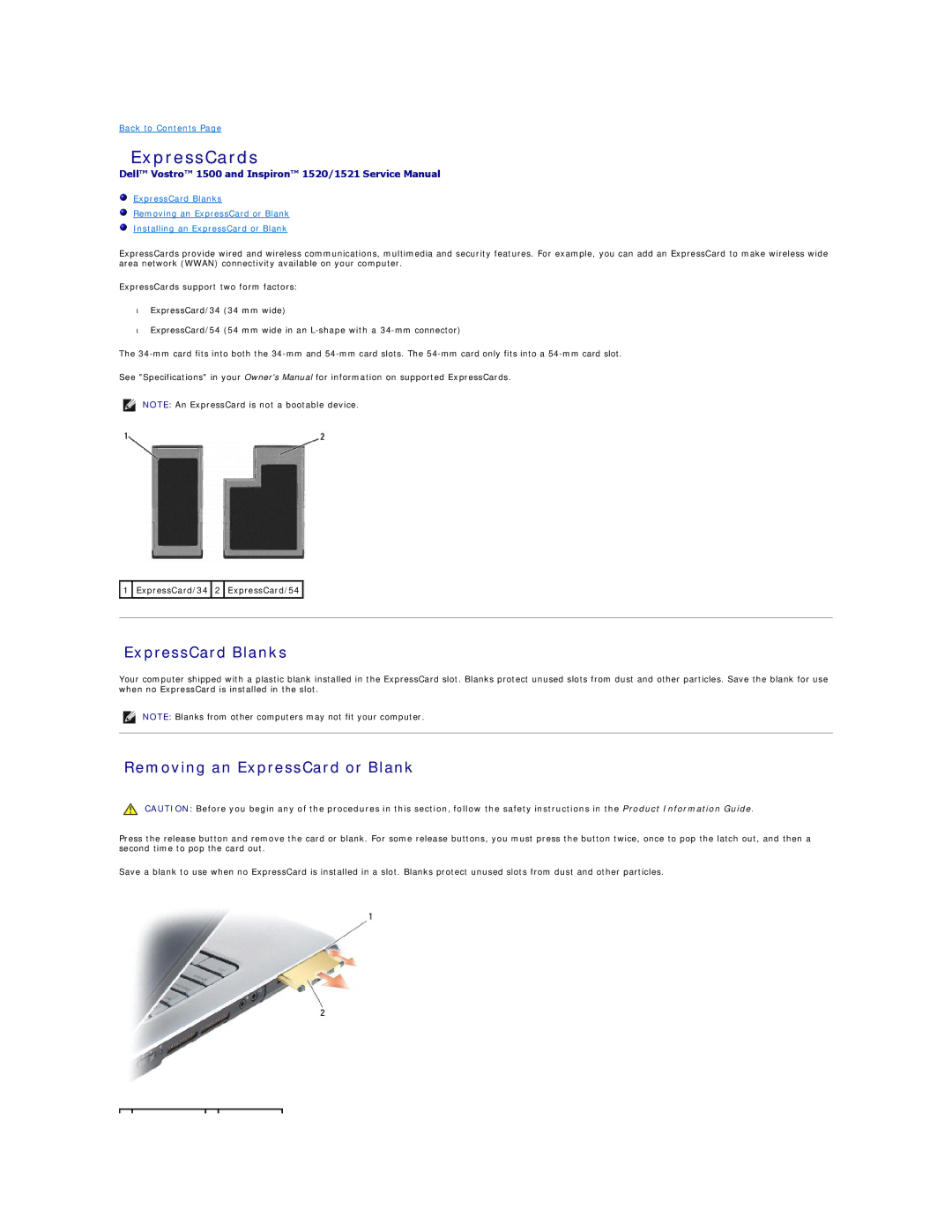 Dell 1500 manual ExpressCards, ExpressCard Blanks, Removing an ExpressCard or Blank 