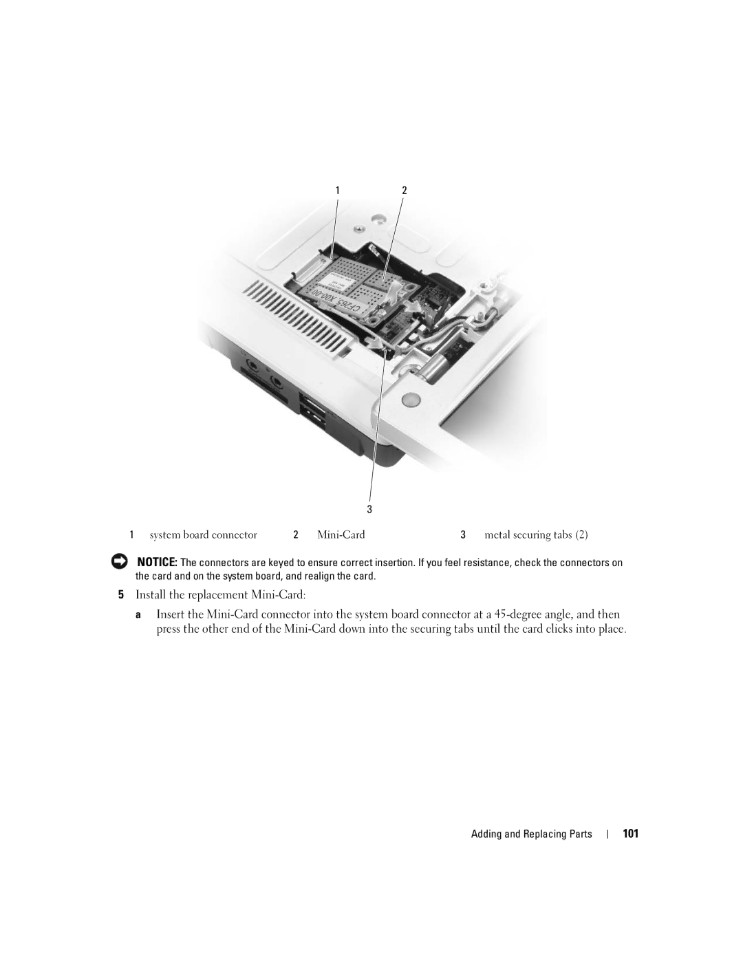 Dell 1501 owner manual Install the replacement Mini-Card, 101 