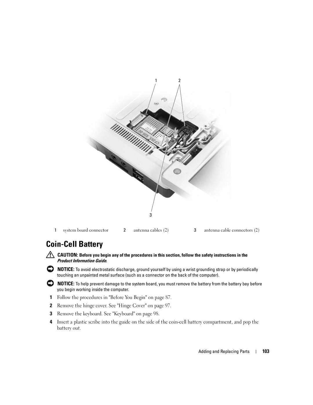 Dell 1501 owner manual Coin-Cell Battery, 103 