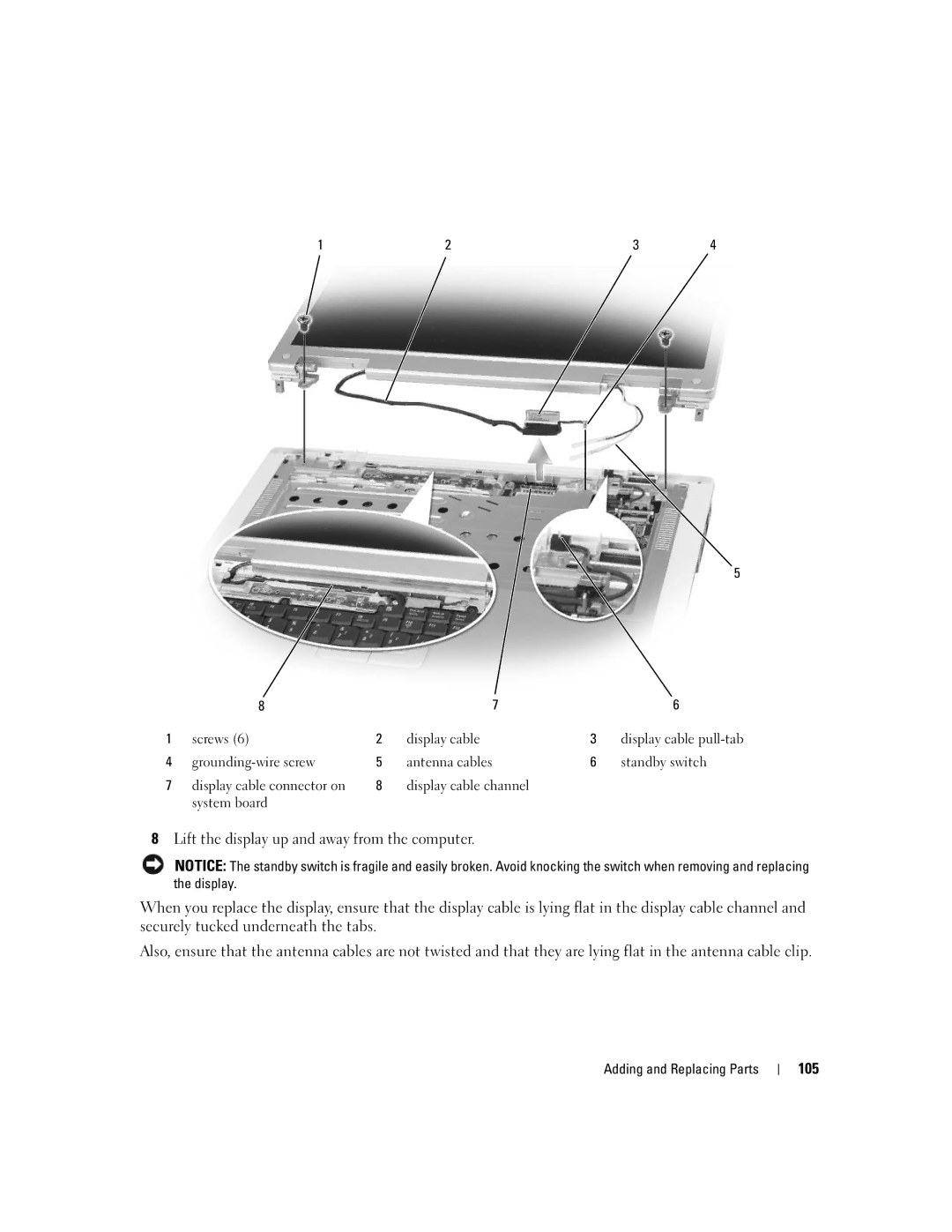 Dell 1501 owner manual Lift the display up and away from the computer, 105 