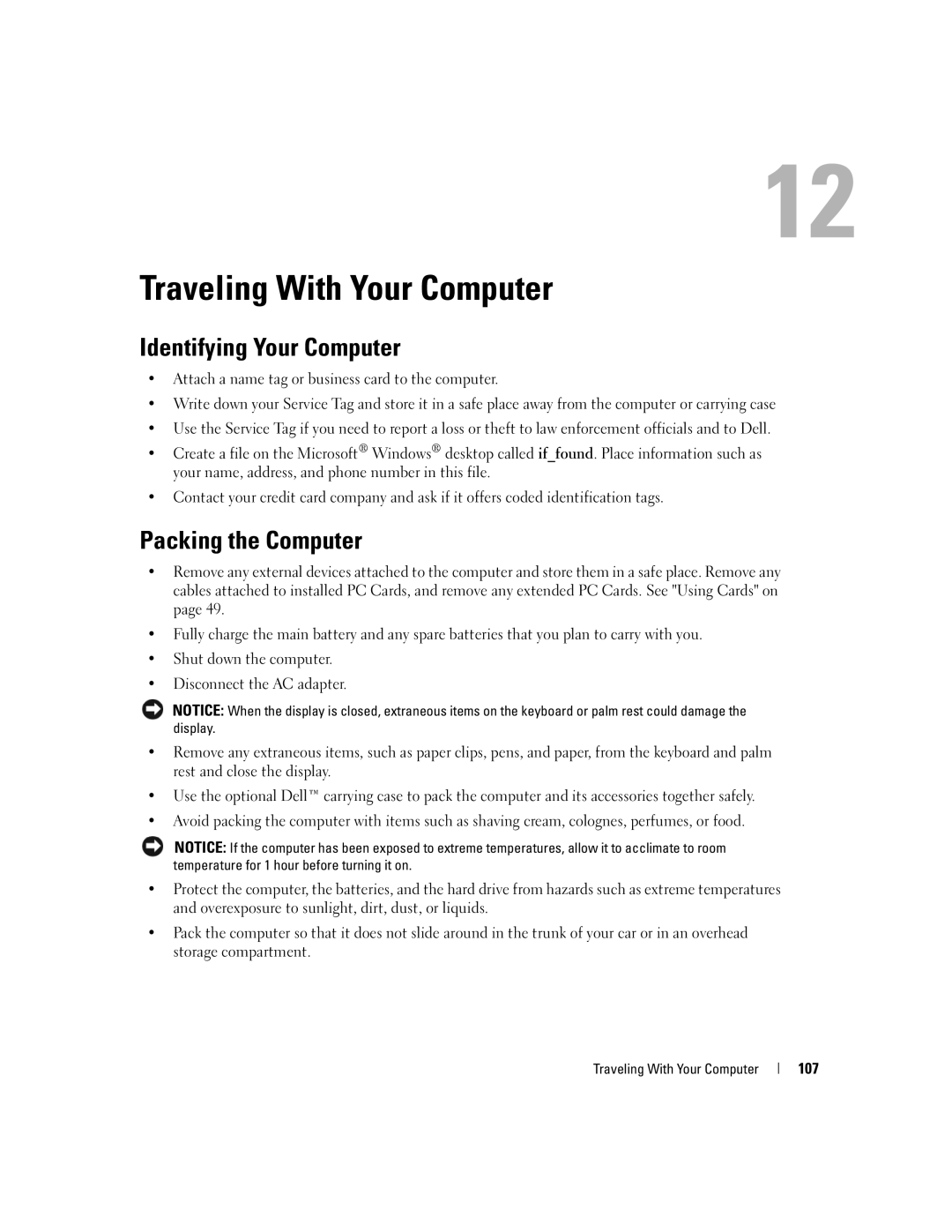 Dell 1501 owner manual Traveling With Your Computer, Identifying Your Computer, Packing the Computer, 107 