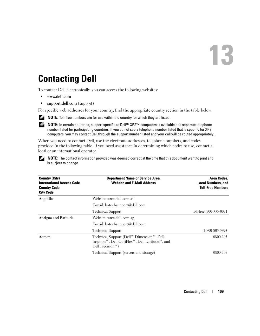 Dell 1501 owner manual Contacting Dell, 109 