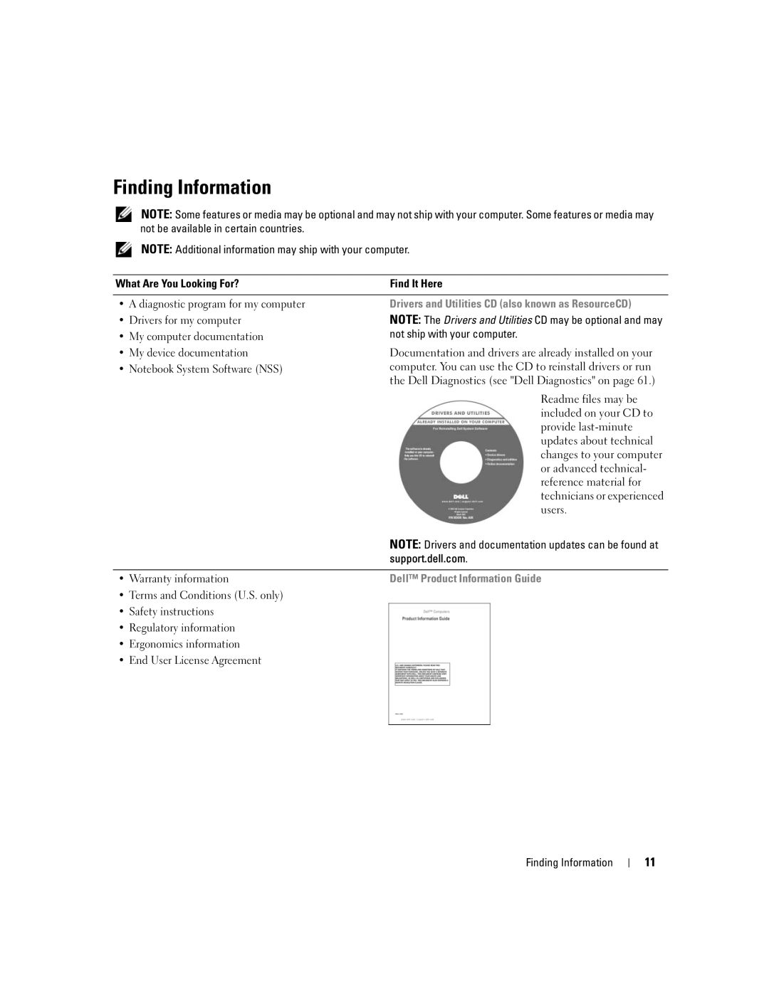 Dell 1501 owner manual Finding Information, Support.dell.com, Warranty information 