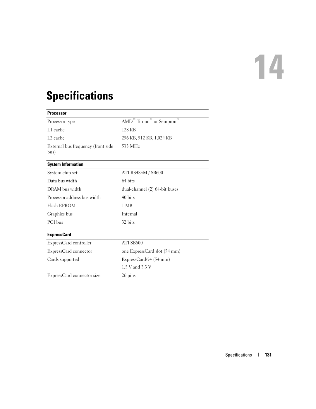 Dell 1501 owner manual Specifications, 131 