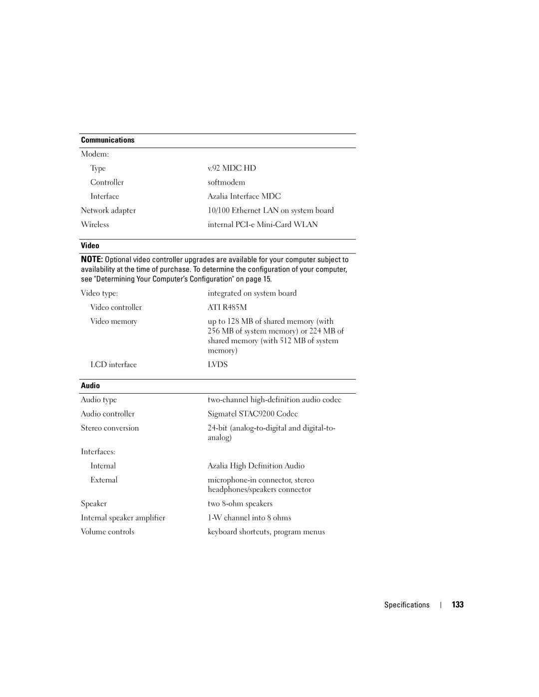 Dell 1501 owner manual 133, Communications, Video, Audio 