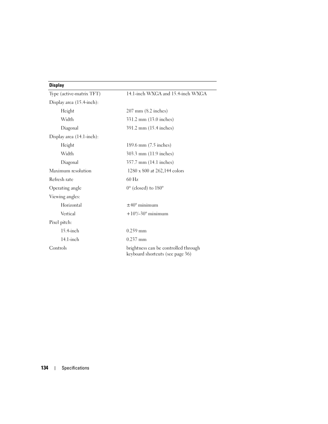 Dell 1501 owner manual 134, Display 