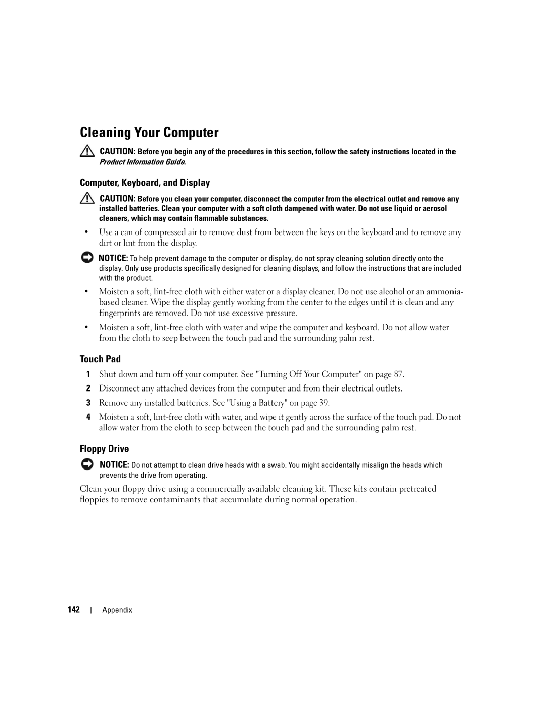 Dell 1501 owner manual Cleaning Your Computer, Computer, Keyboard, and Display, Touch Pad, Floppy Drive, 142 