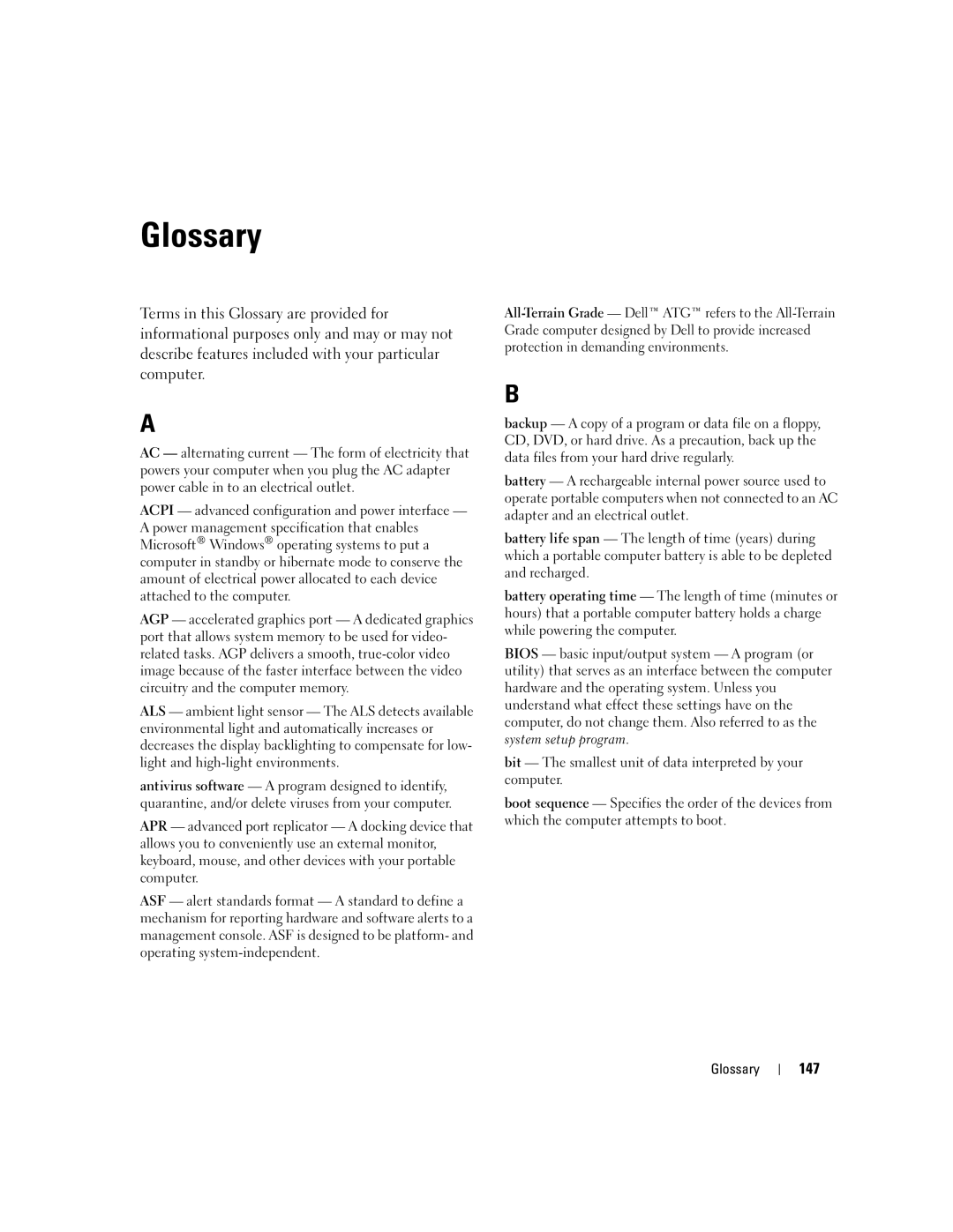 Dell 1501 owner manual Glossary, 147 