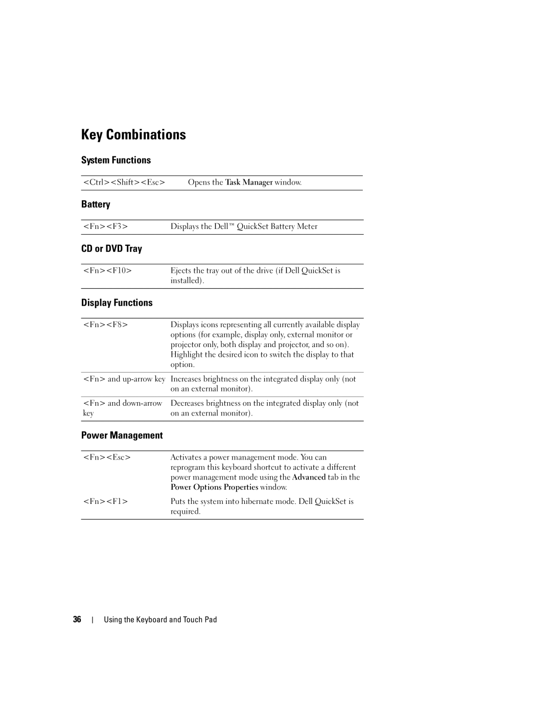 Dell 1501 owner manual Key Combinations 