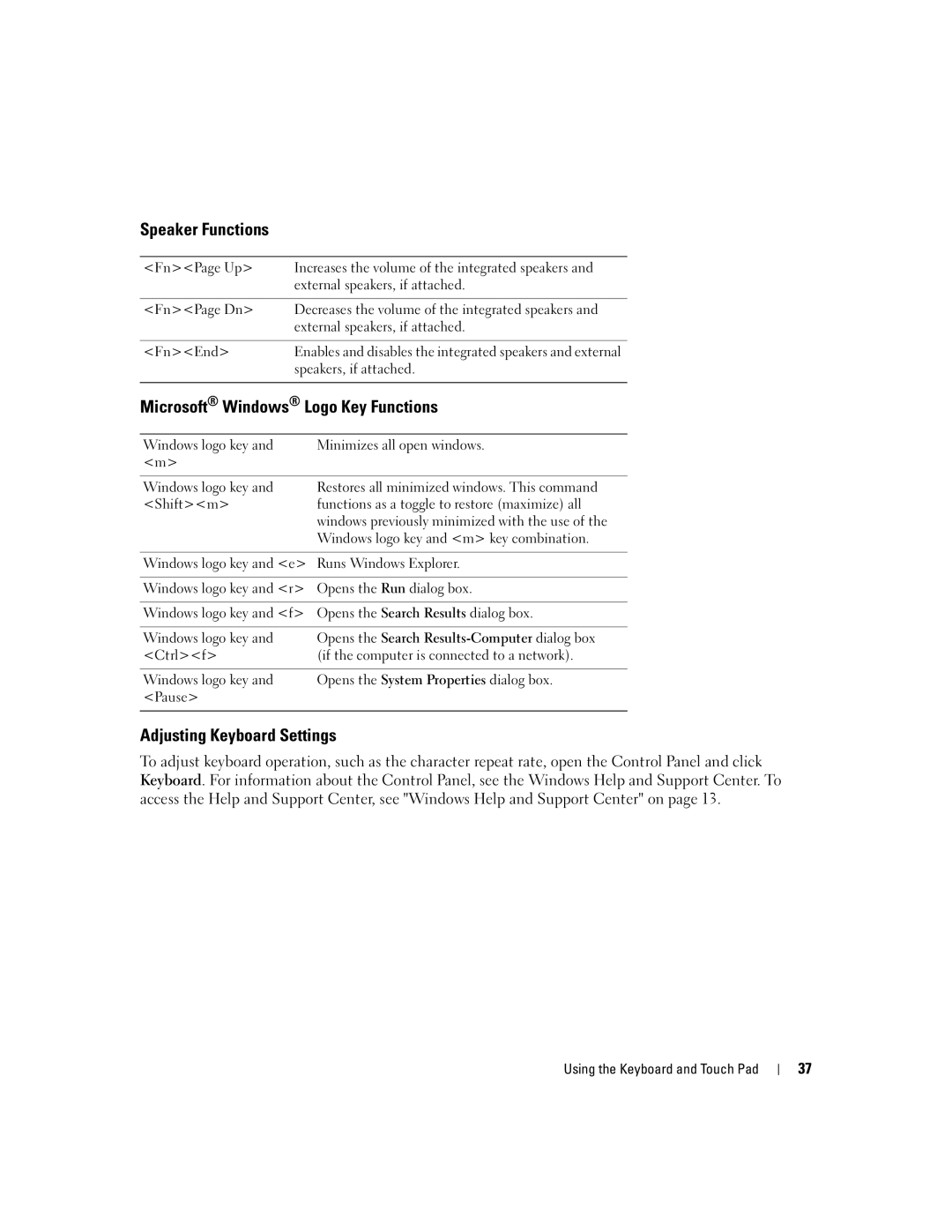 Dell 1501 owner manual Speaker Functions, Microsoft Windows Logo Key Functions, Adjusting Keyboard Settings 