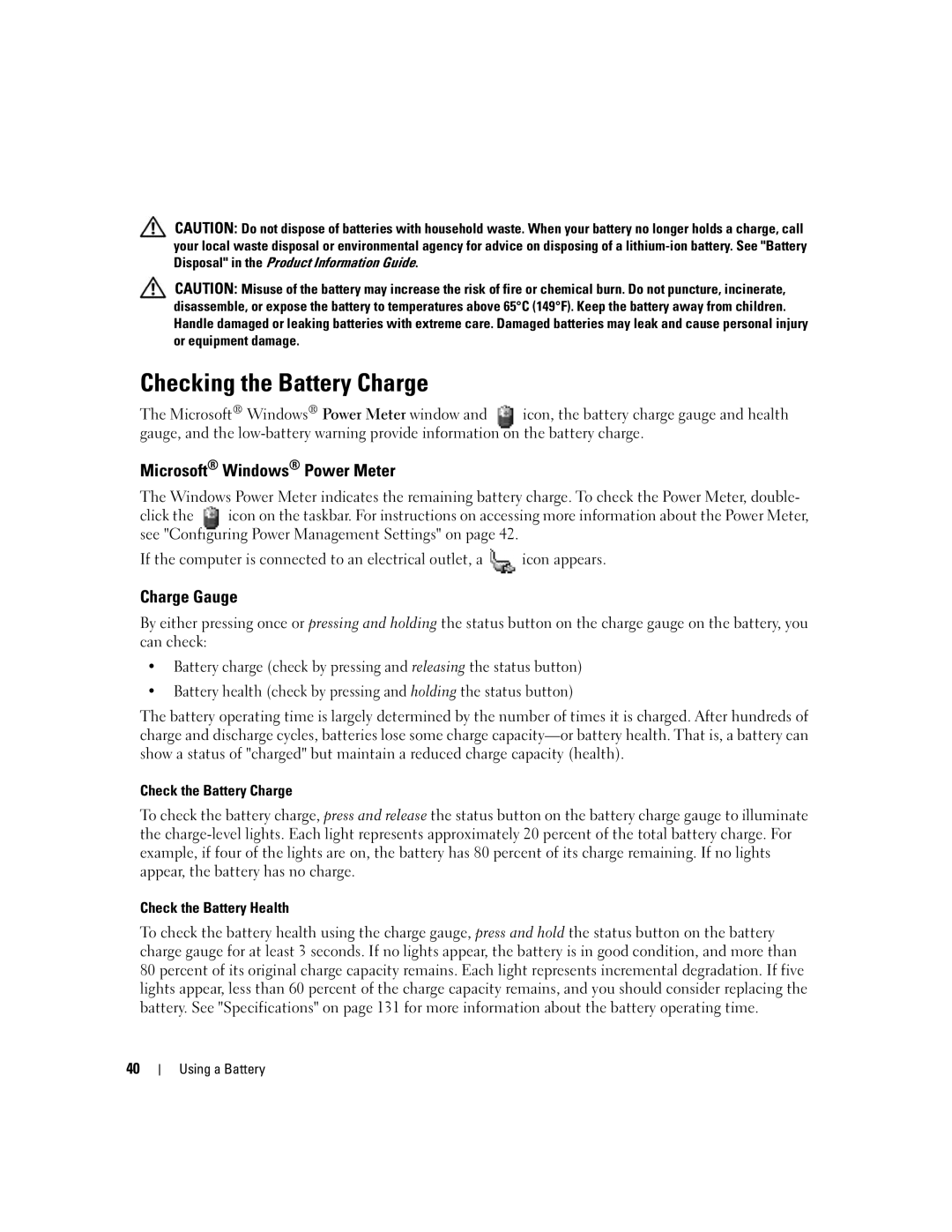 Dell 1501 owner manual Checking the Battery Charge, Microsoft Windows Power Meter, Charge Gauge, Check the Battery Charge 