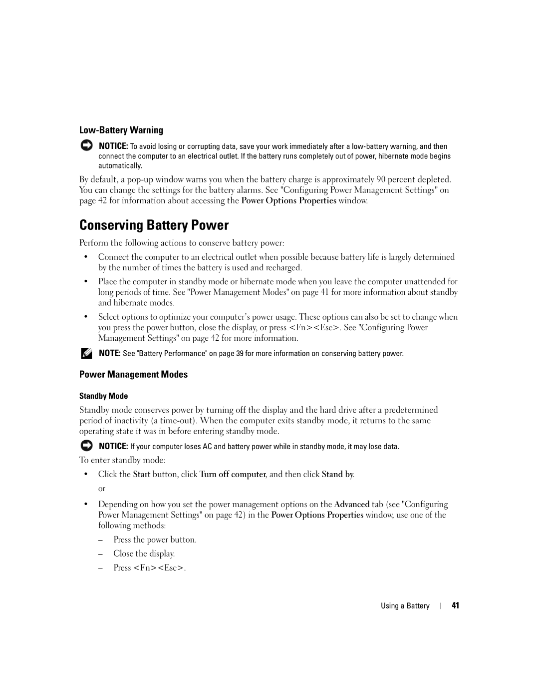 Dell 1501 owner manual Conserving Battery Power, Low-Battery Warning, Power Management Modes, Standby Mode 