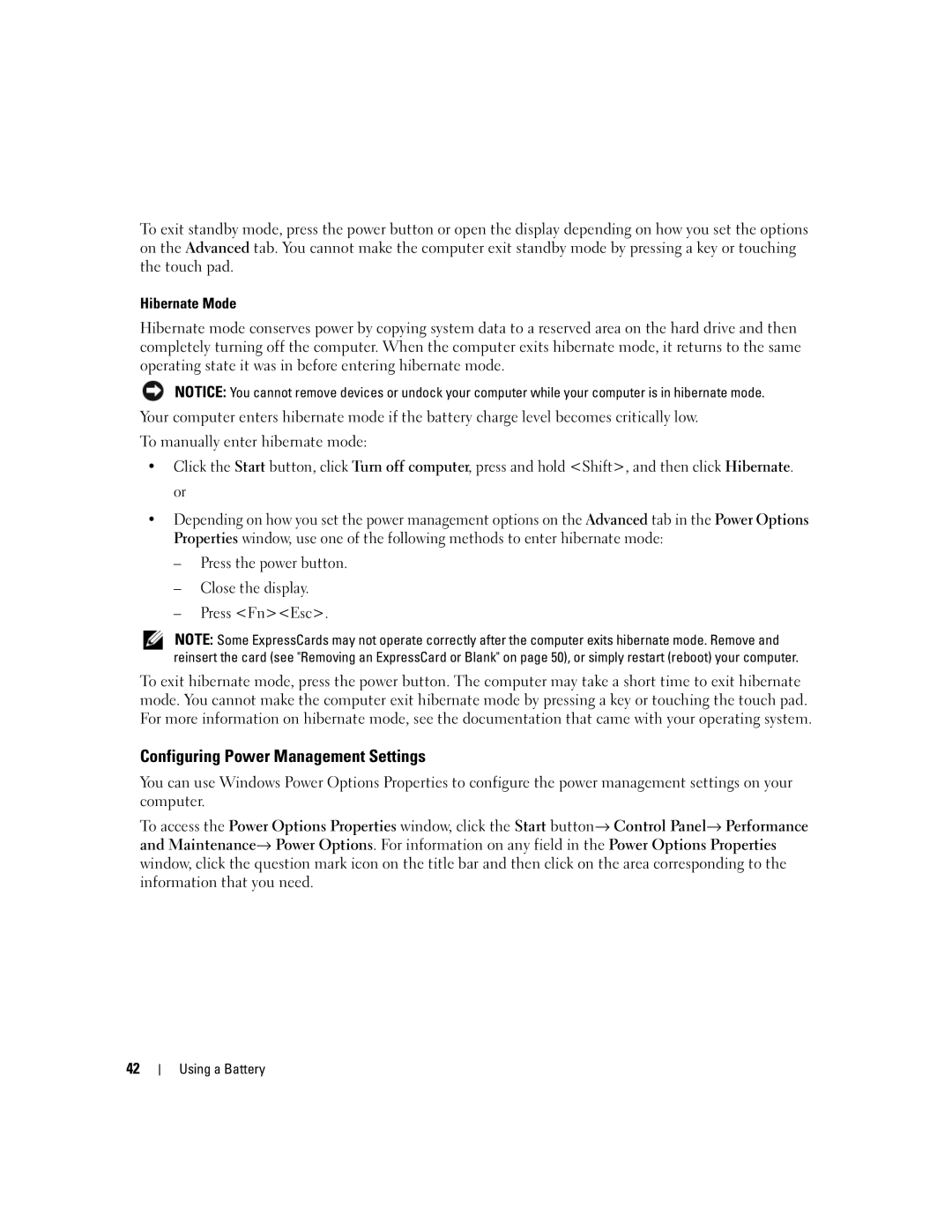 Dell 1501 owner manual Configuring Power Management Settings, Hibernate Mode 