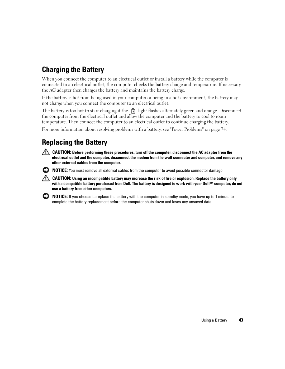 Dell 1501 owner manual Charging the Battery, Replacing the Battery 