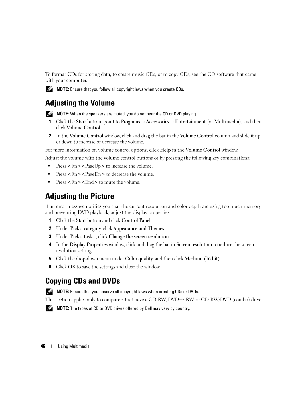 Dell 1501 owner manual Adjusting the Volume, Adjusting the Picture, Copying CDs and DVDs 