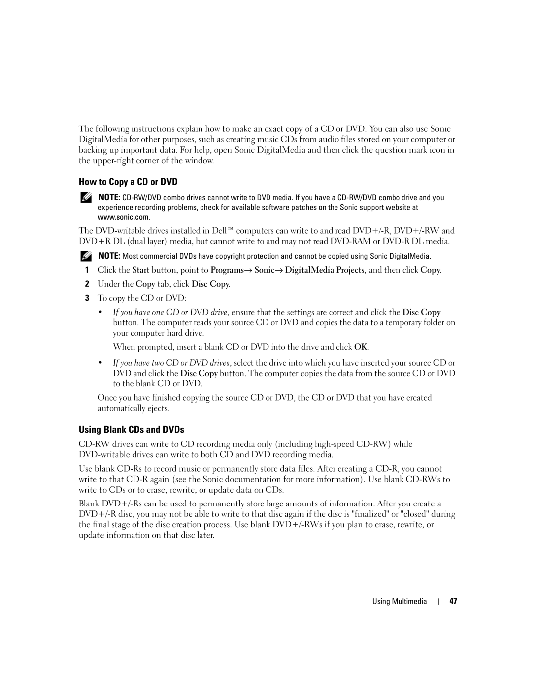 Dell 1501 owner manual How to Copy a CD or DVD, Using Blank CDs and DVDs 