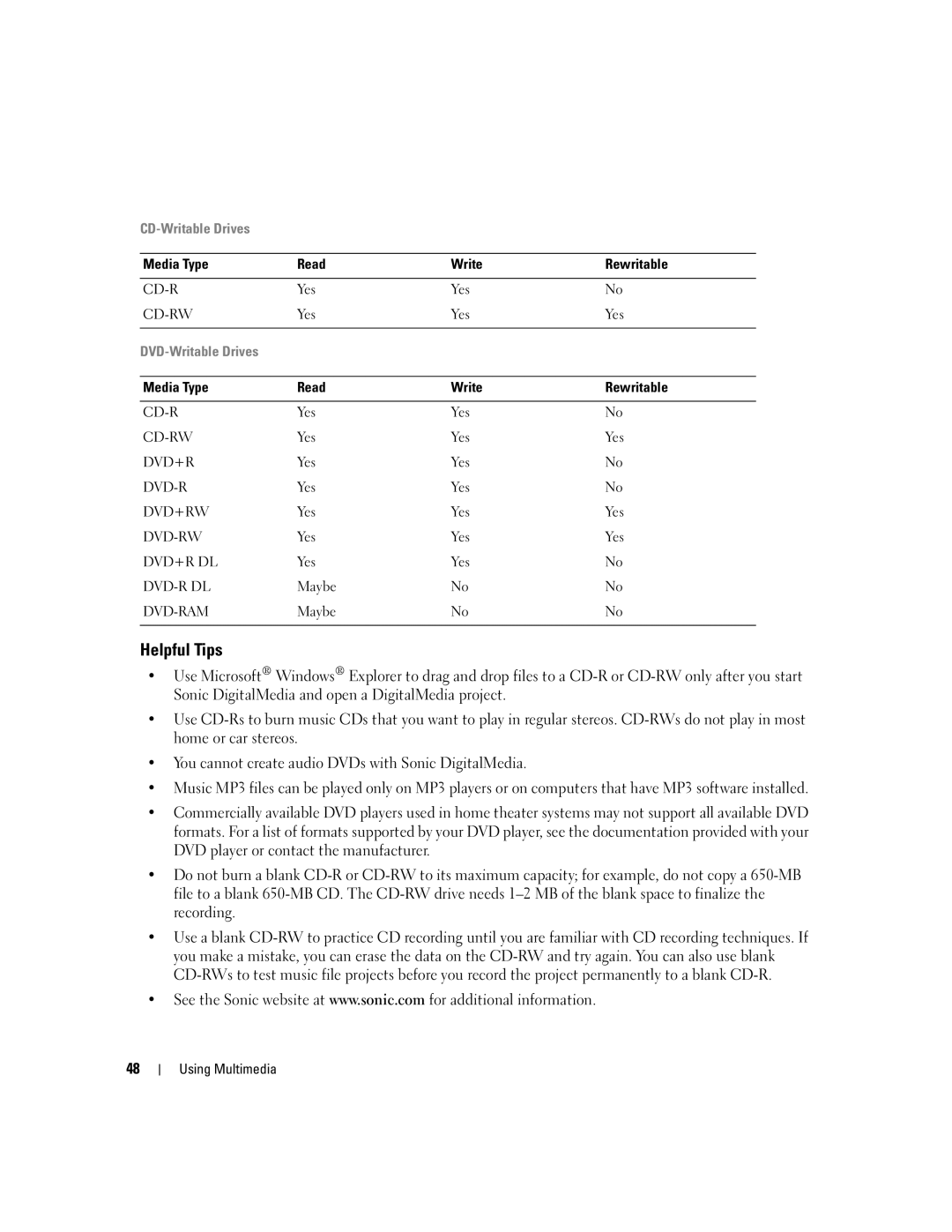 Dell 1501 owner manual Helpful Tips, Media Type Read Write Rewritable 