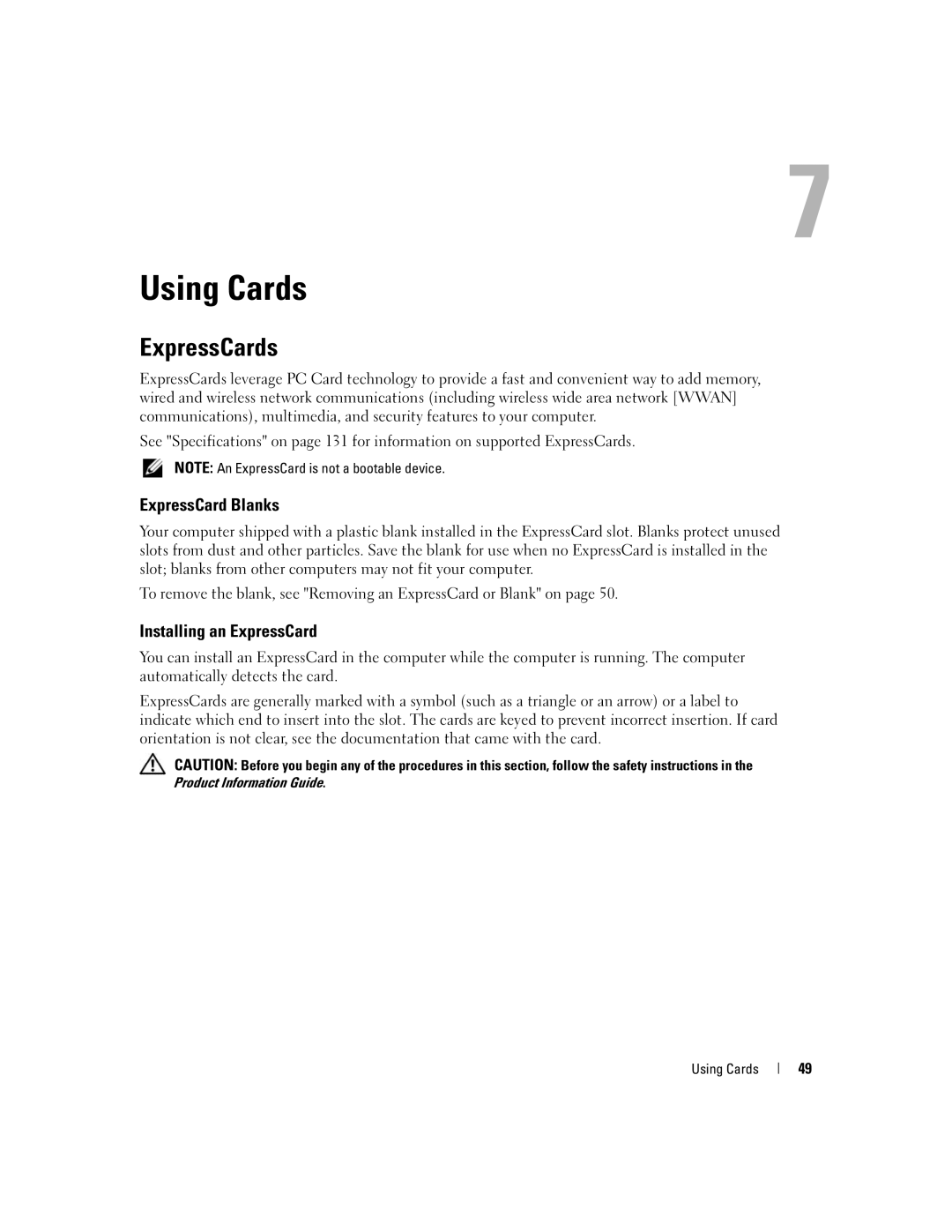 Dell 1501 owner manual Using Cards, ExpressCards, ExpressCard Blanks, Installing an ExpressCard 