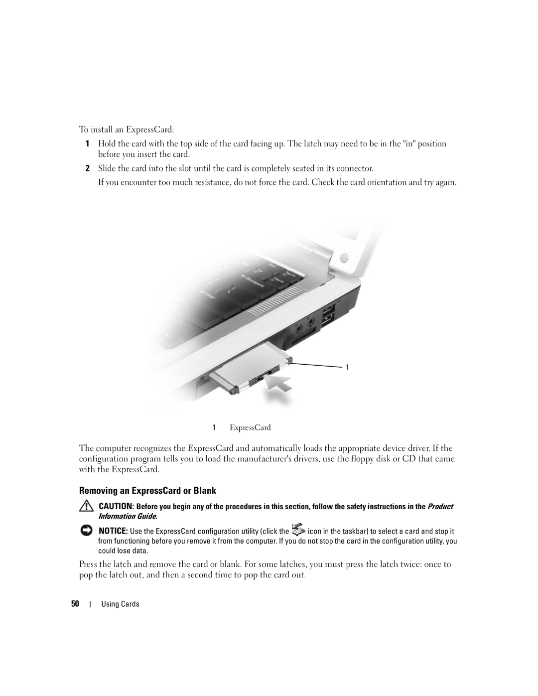 Dell 1501 owner manual Removing an ExpressCard or Blank 