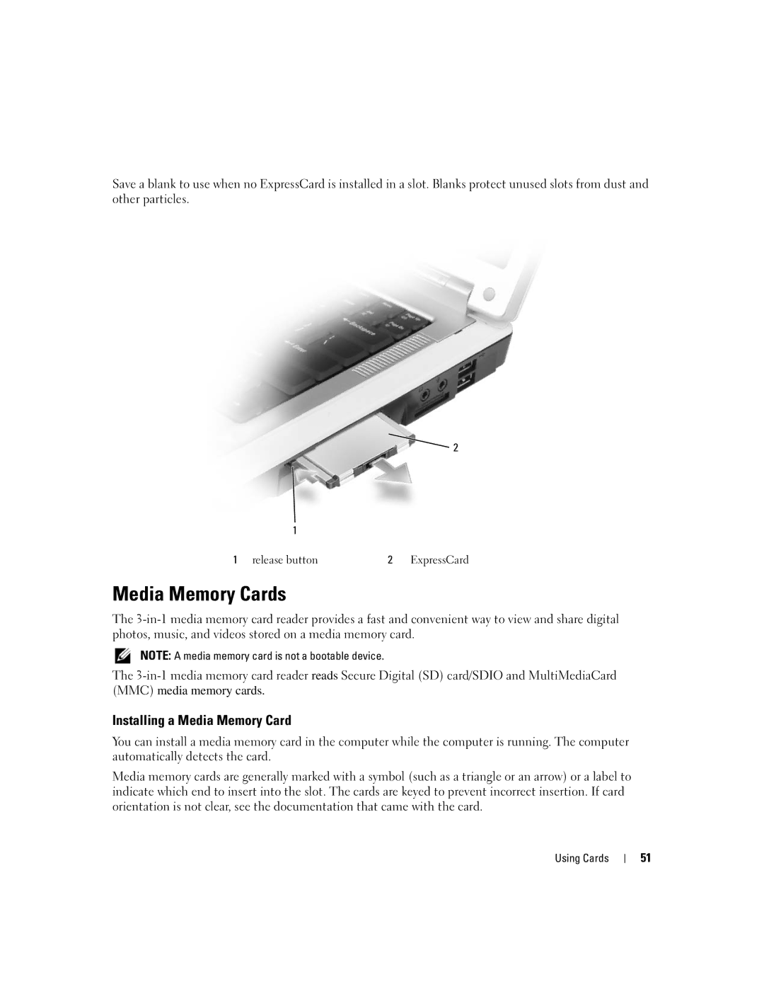 Dell 1501 owner manual Media Memory Cards, Installing a Media Memory Card 