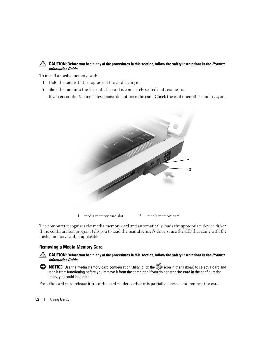 Dell 1501 owner manual Removing a Media Memory Card 