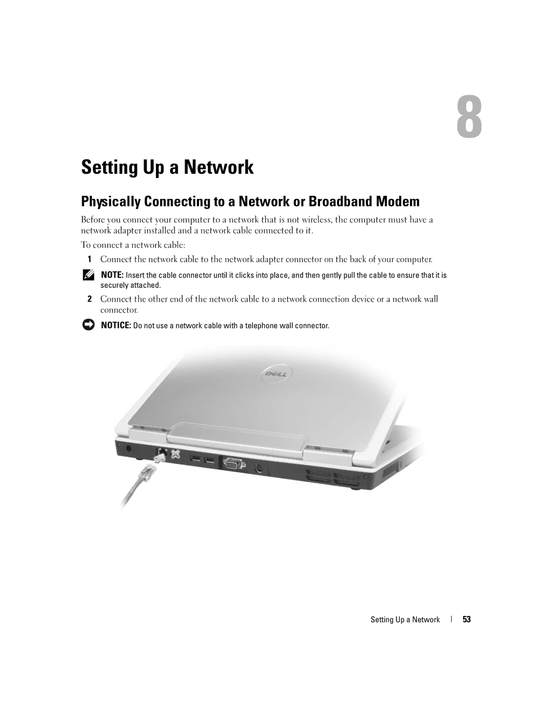 Dell 1501 owner manual Setting Up a Network, Physically Connecting to a Network or Broadband Modem 