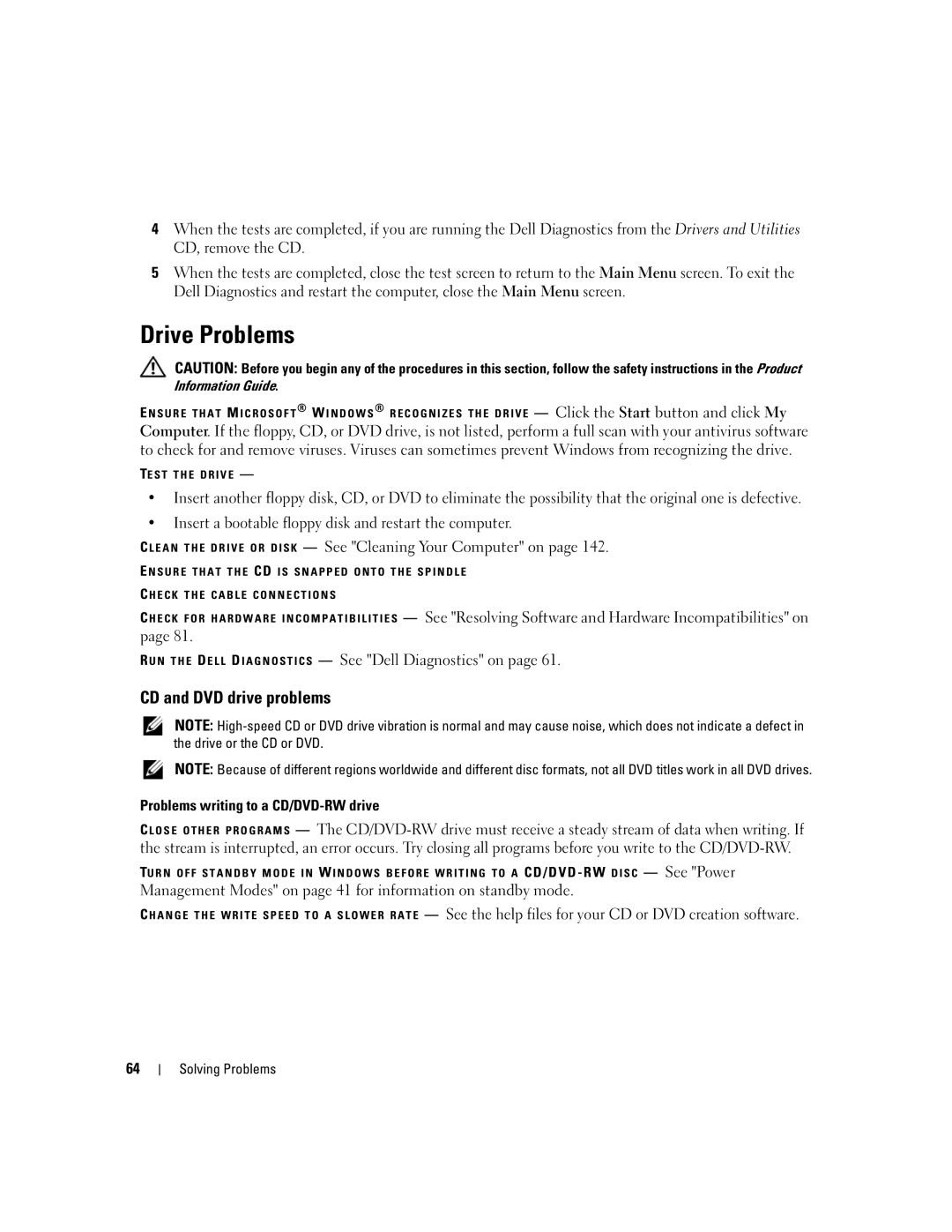 Dell 1501 owner manual Drive Problems, CD and DVD drive problems, Problems writing to a CD/DVD-RW drive 