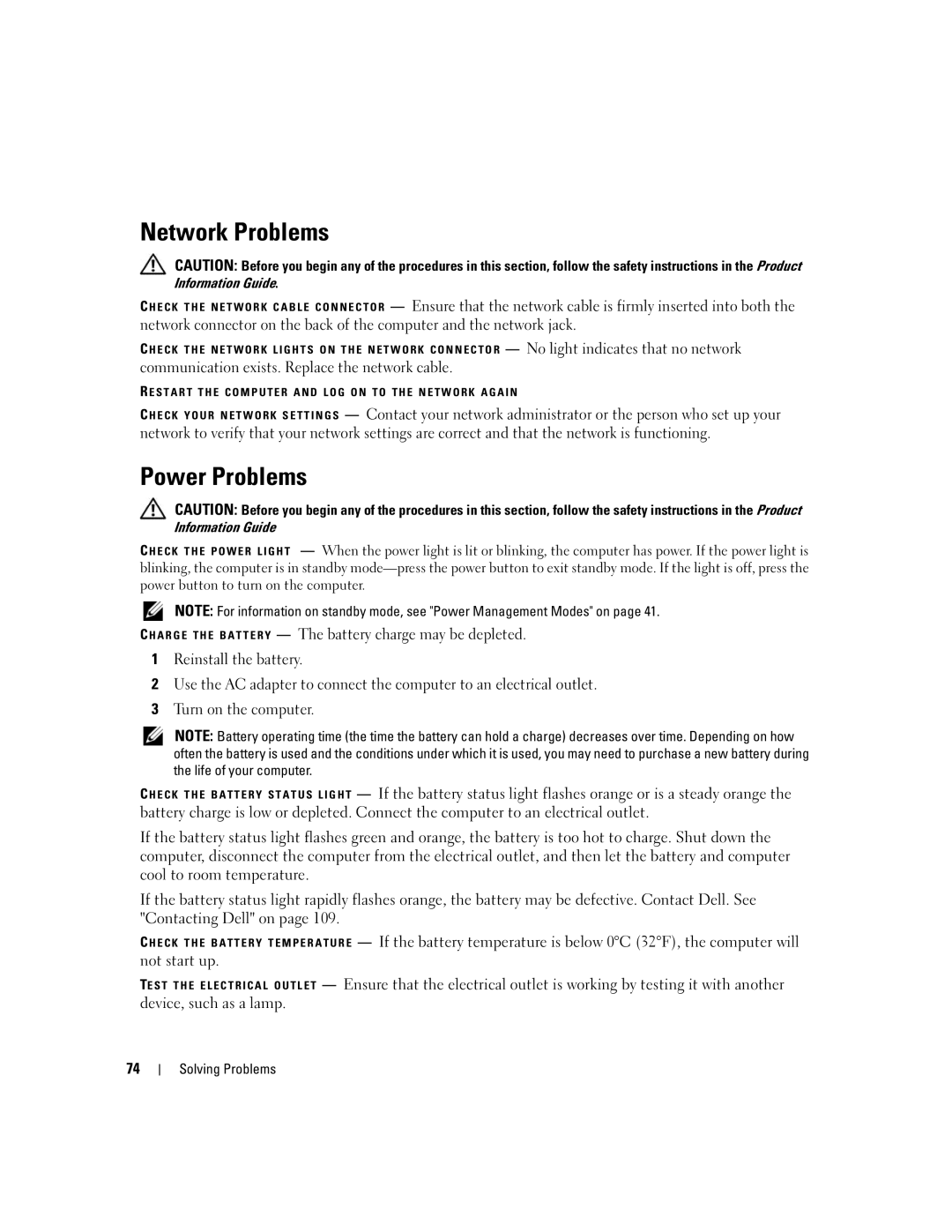 Dell 1501 owner manual Network Problems, Power Problems, Communication exists. Replace the network cable 