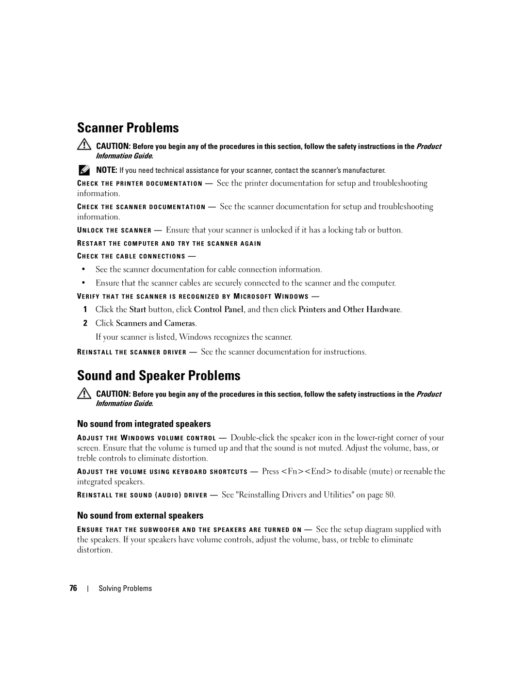 Dell 1501 Scanner Problems, Sound and Speaker Problems, No sound from integrated speakers, No sound from external speakers 