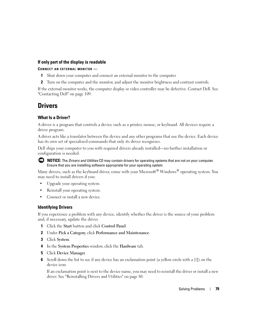 Dell 1501 owner manual If only part of the display is readable, What Is a Driver?, Identifying Drivers 