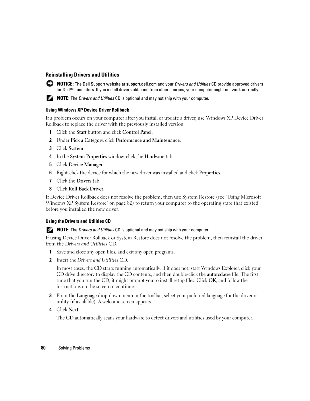 Dell 1501 Reinstalling Drivers and Utilities, Using Windows XP Device Driver Rollback, Using the Drivers and Utilities CD 