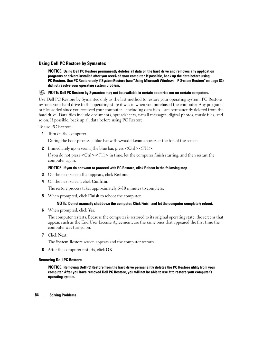 Dell 1501 owner manual Using Dell PC Restore by Symantec 