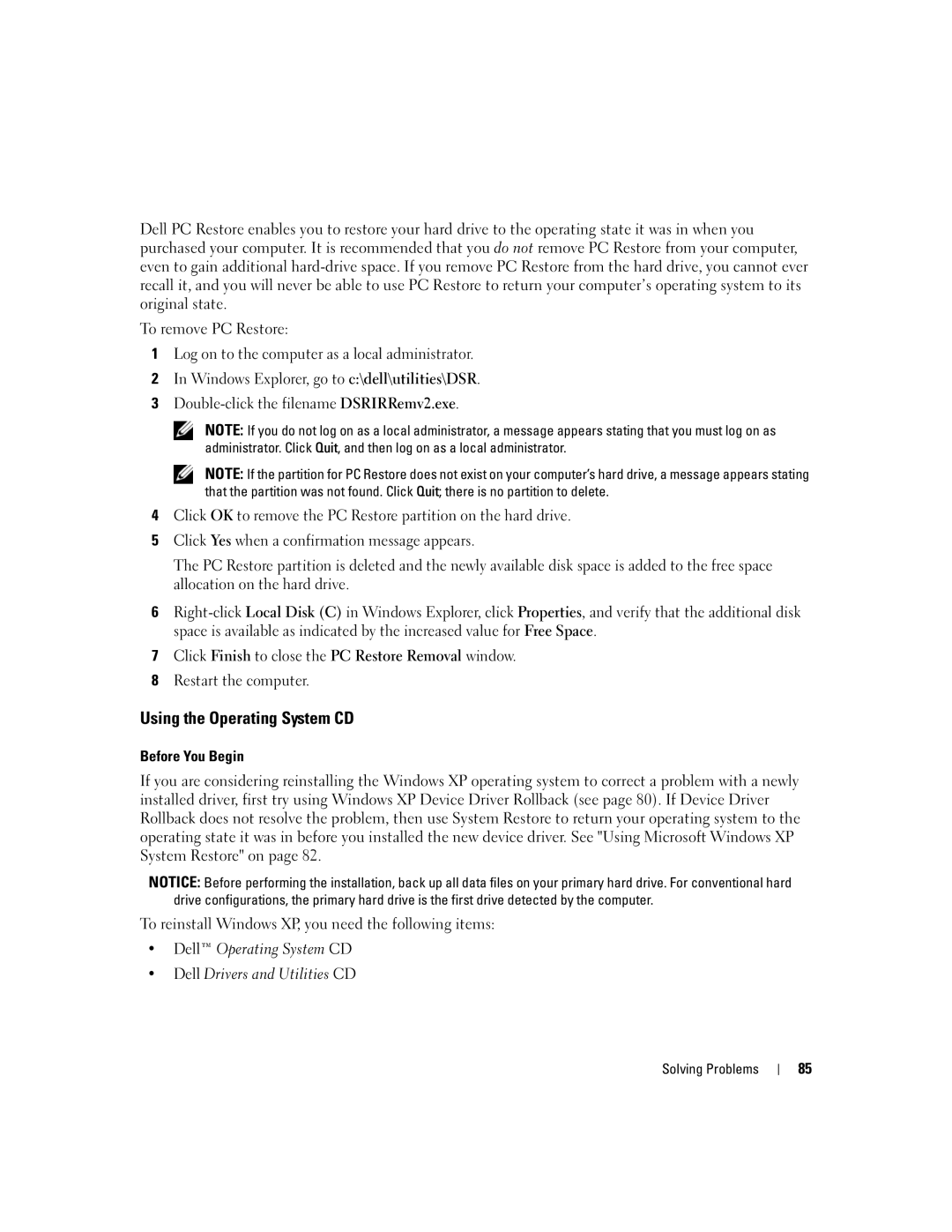 Dell 1501 Using the Operating System CD, Before You Begin, Dell Operating System CD Dell Drivers and Utilities CD 