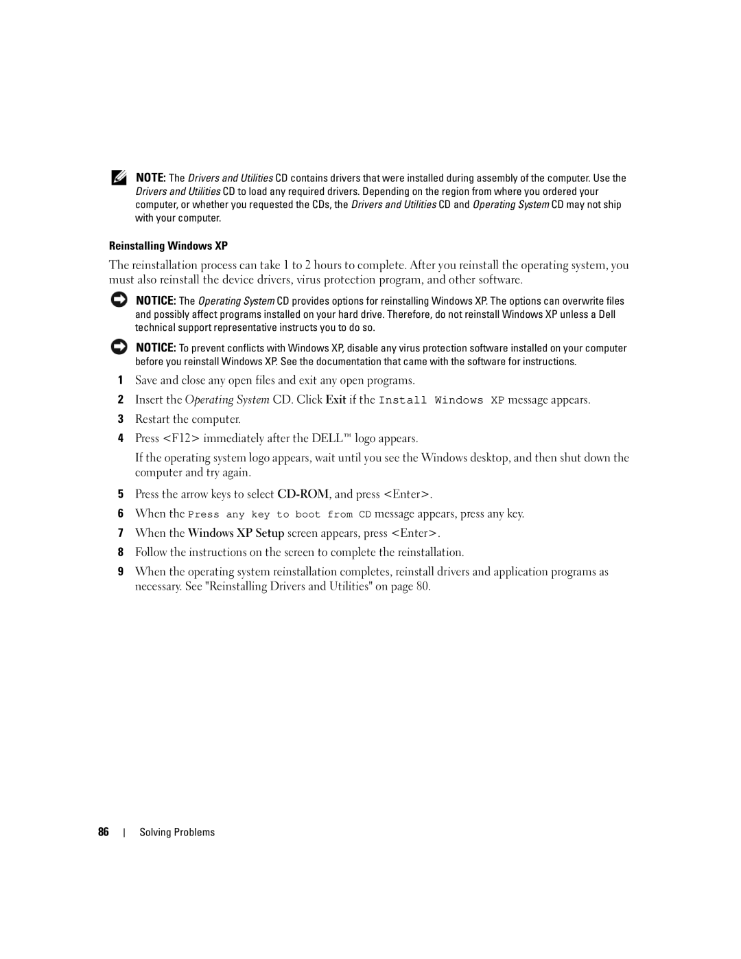 Dell 1501 owner manual Reinstalling Windows XP 