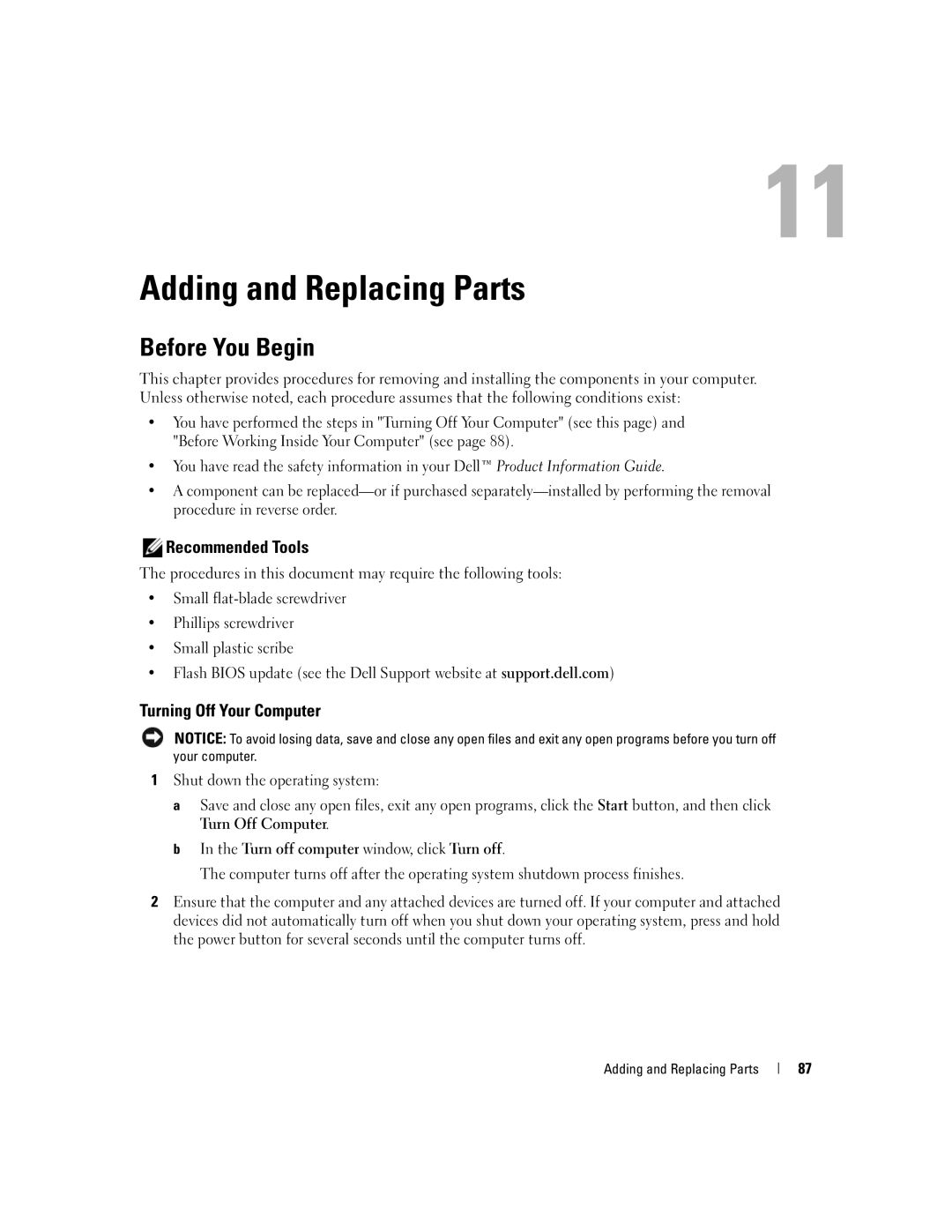 Dell 1501 owner manual Adding and Replacing Parts, Before You Begin, Recommended Tools, Turning Off Your Computer 