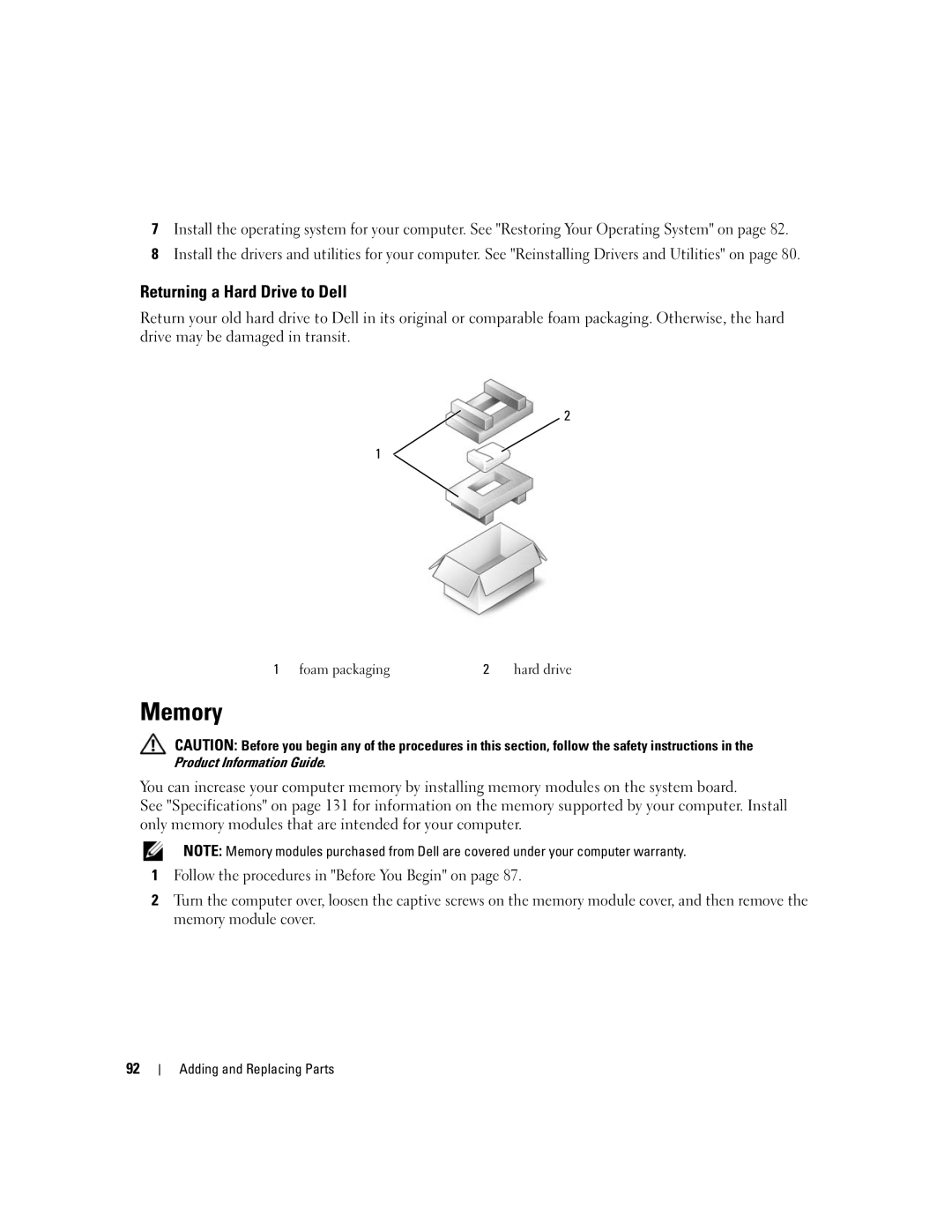 Dell 1501 owner manual Memory, Returning a Hard Drive to Dell 