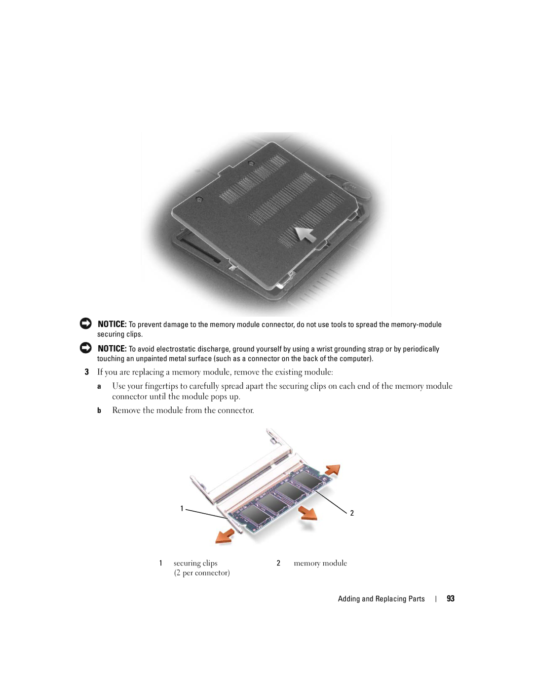 Dell 1501 owner manual Securing clips Memory module Per connector 