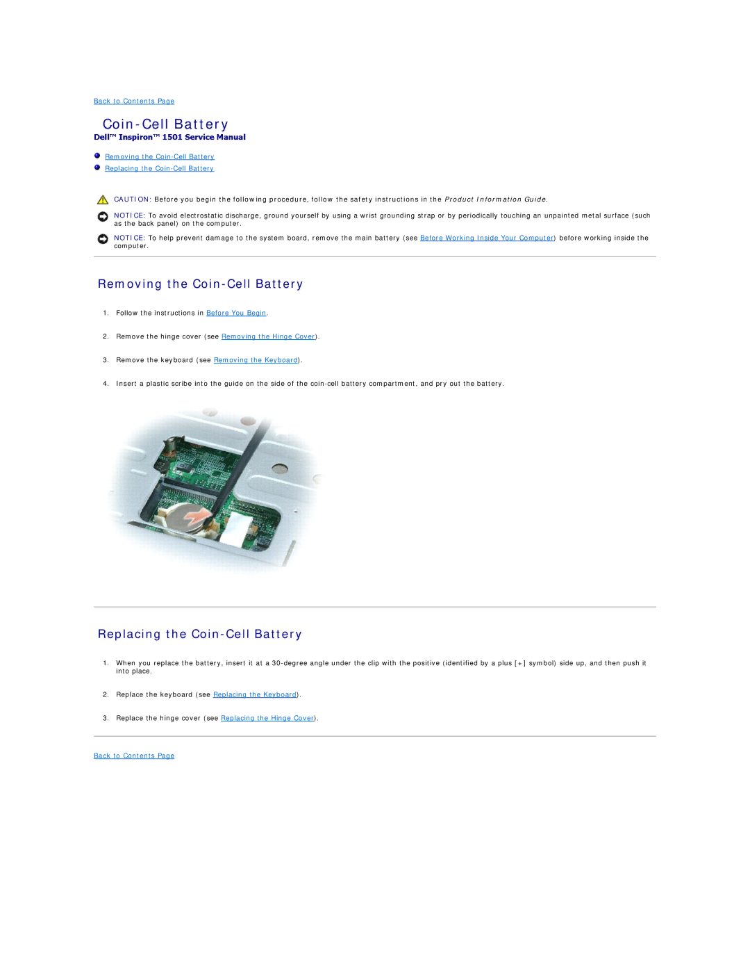 Dell 1501 owner manual Removing the Coin-Cell Battery, Replacing the Coin-Cell Battery 