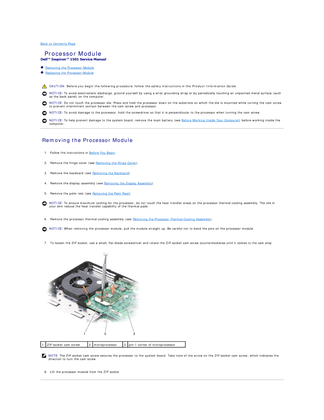 Dell 1501 owner manual Removing the Processor Module 