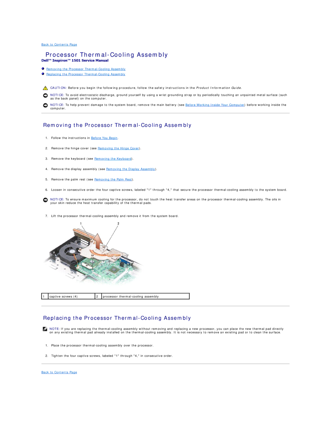 Dell 1501 Removing the Processor Thermal-Cooling Assembly, Replacing the Processor Thermal-Cooling Assembly 