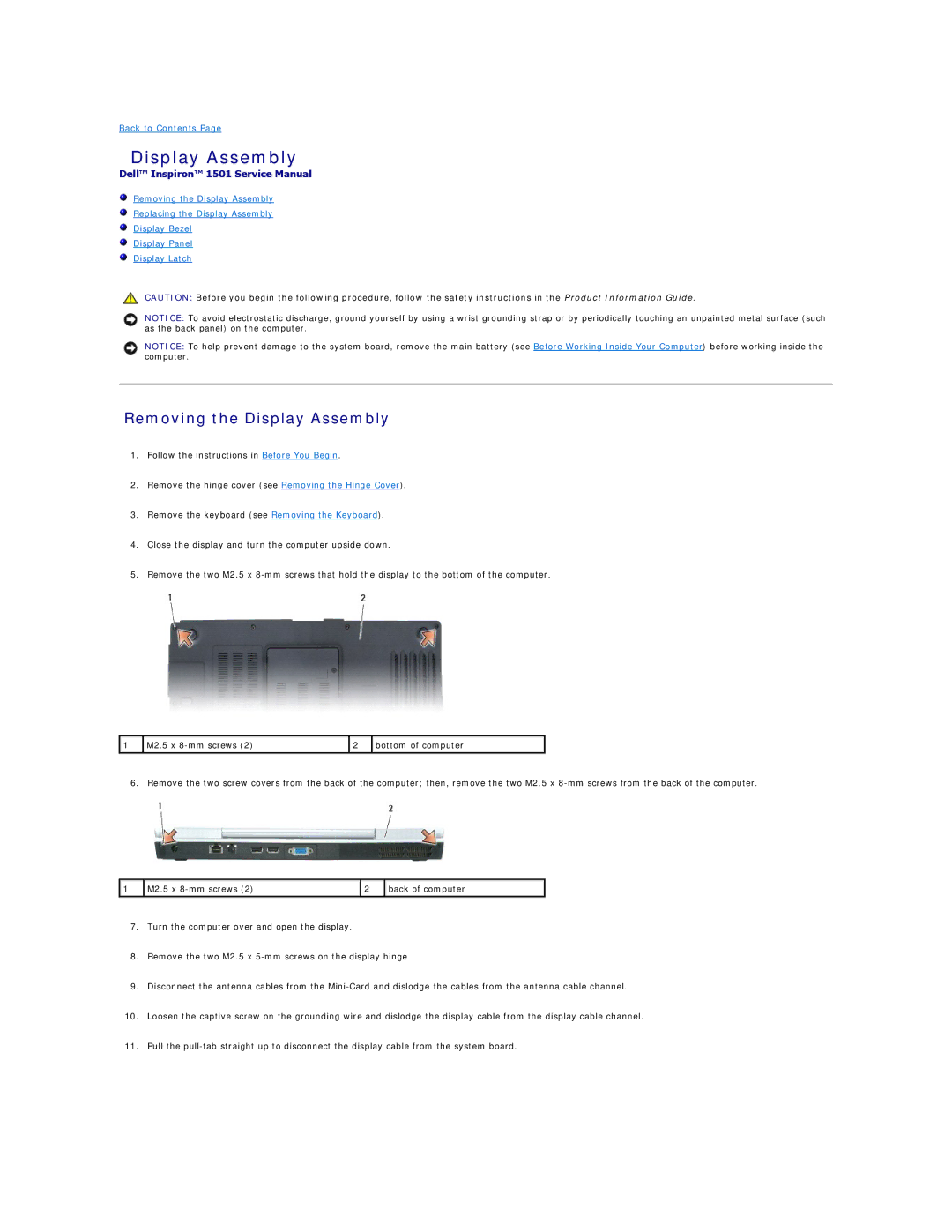 Dell 1501 owner manual Removing the Display Assembly 