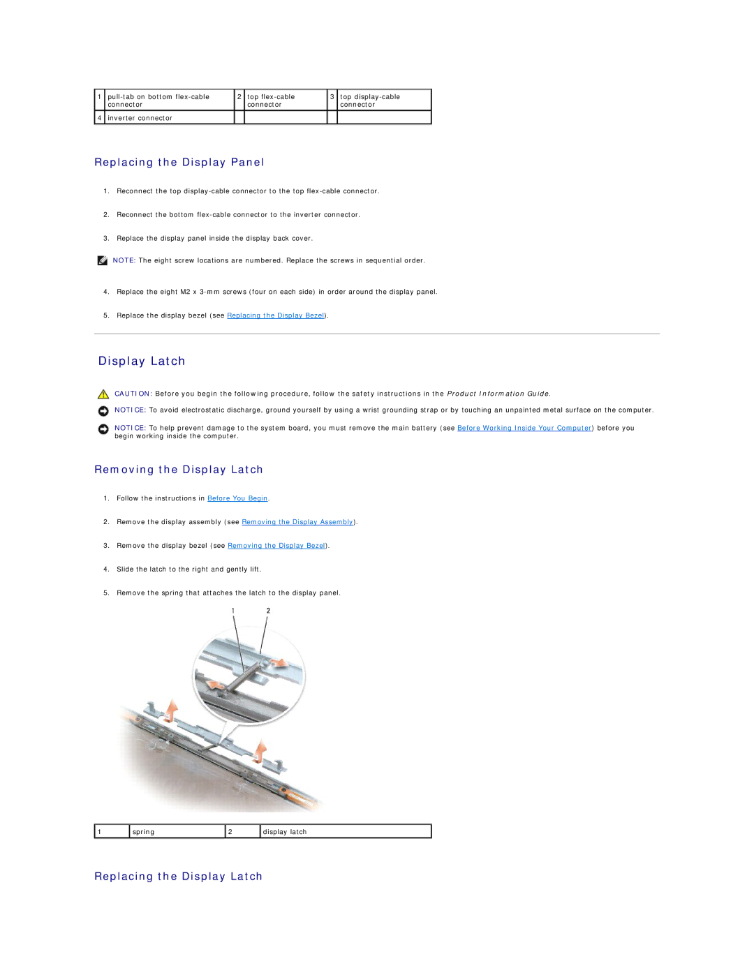 Dell 1501 owner manual Display Latch, Replacing the Display Panel 