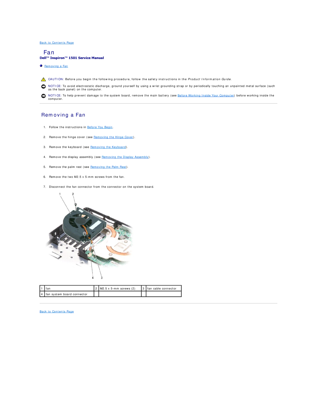 Dell 1501 owner manual Removing a Fan 