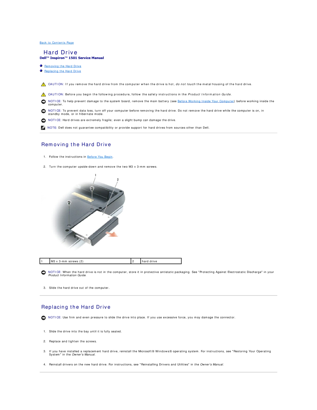 Dell 1501 owner manual Removing the Hard Drive, Replacing the Hard Drive 