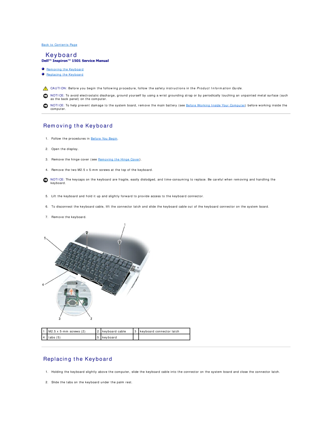 Dell 1501 owner manual Removing the Keyboard, Replacing the Keyboard 