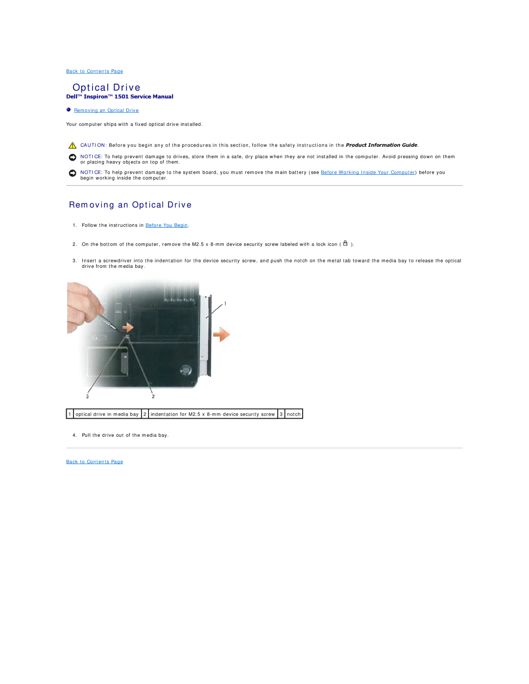 Dell 1501 owner manual Removing an Optical Drive 