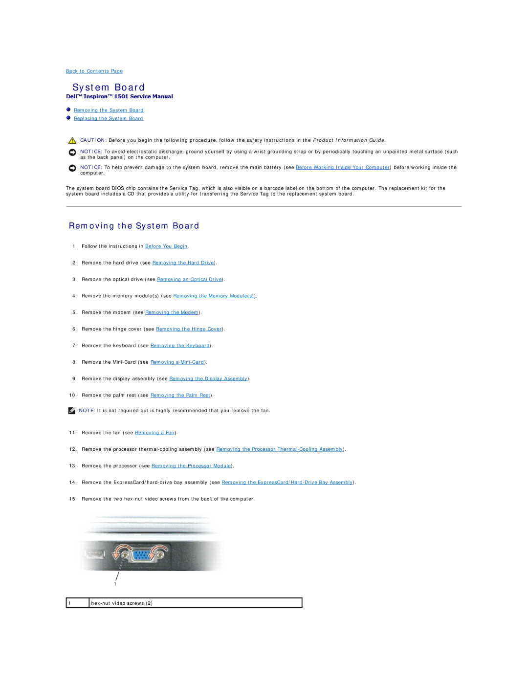 Dell 1501 owner manual Removing the System Board 