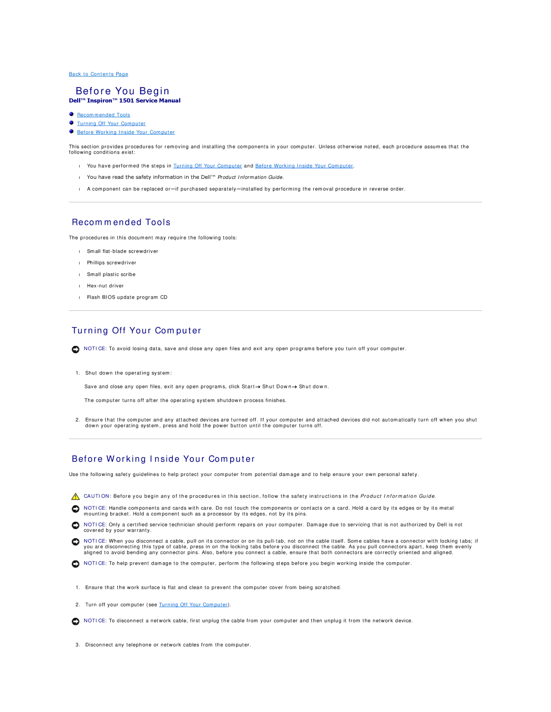 Dell 1501 owner manual Before You Begin, Recommended Tools, Turning Off Your Computer, Before Working Inside Your Computer 