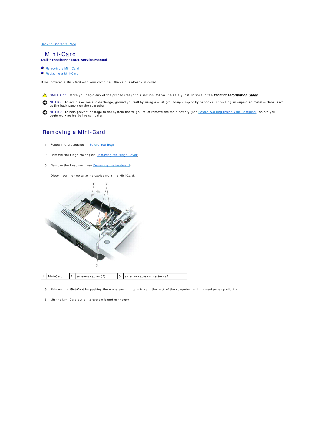 Dell 1501 owner manual Removing a Mini-Card 