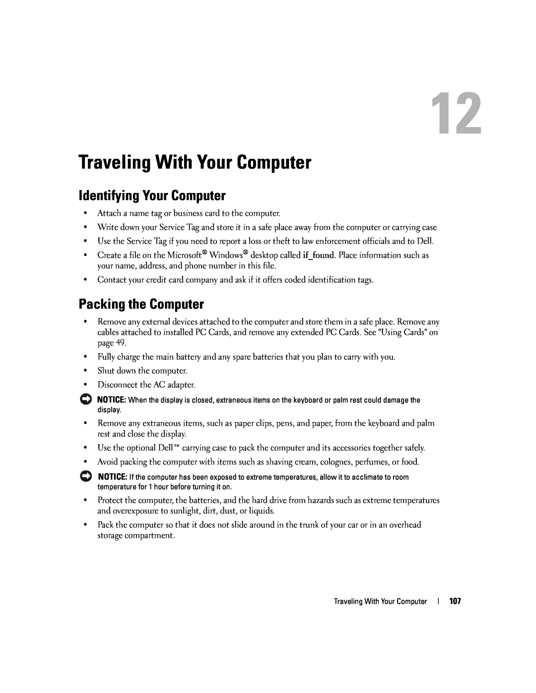 Dell 1501 owner manual Traveling With Your Computer, Identifying Your Computer, Packing the Computer 